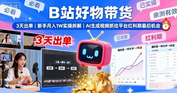 B站好物带货，3天出单，新手月入1W实操拆解，AI生成视频，抓住平台红利期最后机会-淘客掘金网