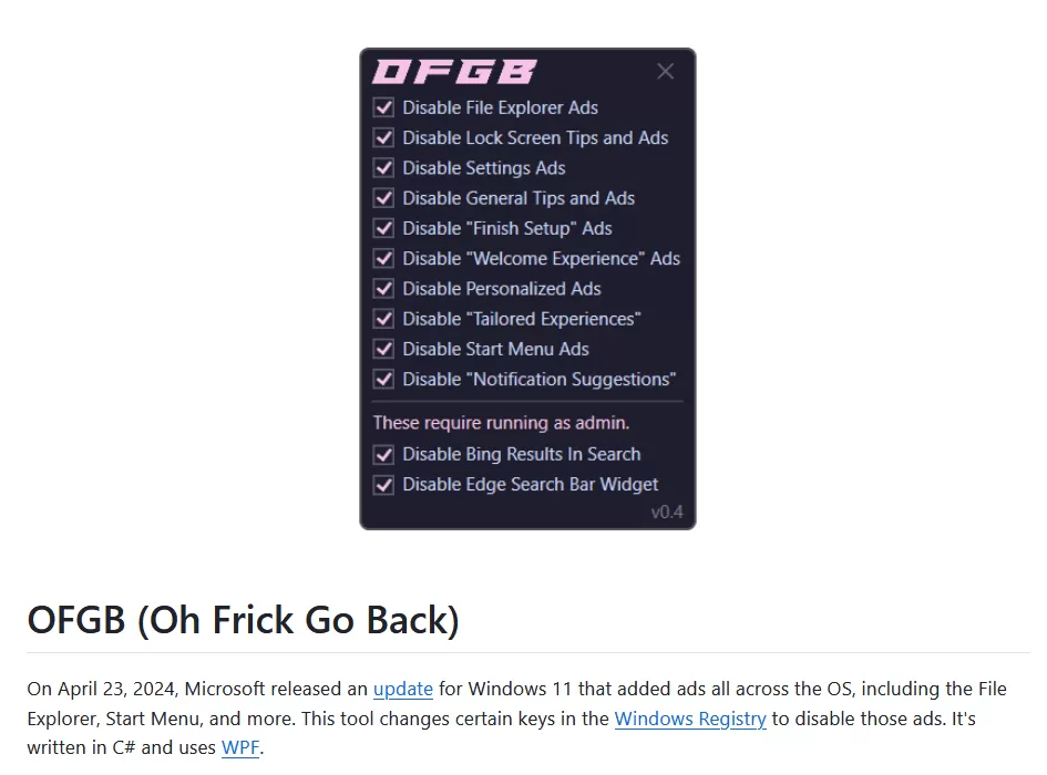 OFGB汉化版(广告滚蛋) v0.4 Windows11一键关闭广告-淘客掘金网